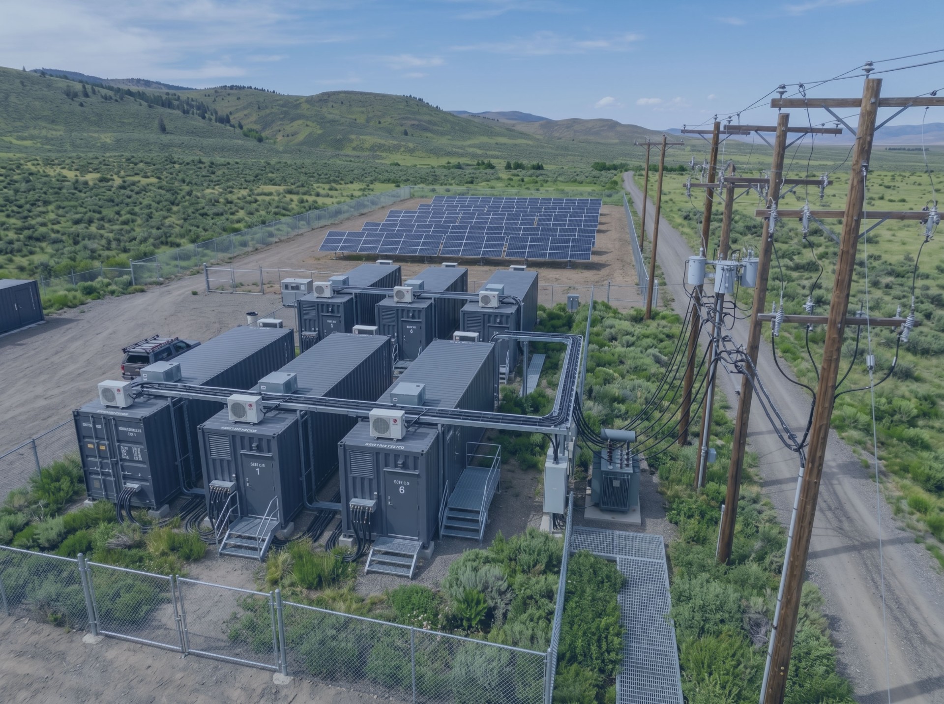 Battery Energy Storage System (BESS) containers with solar panels and power lines in a rural landscape