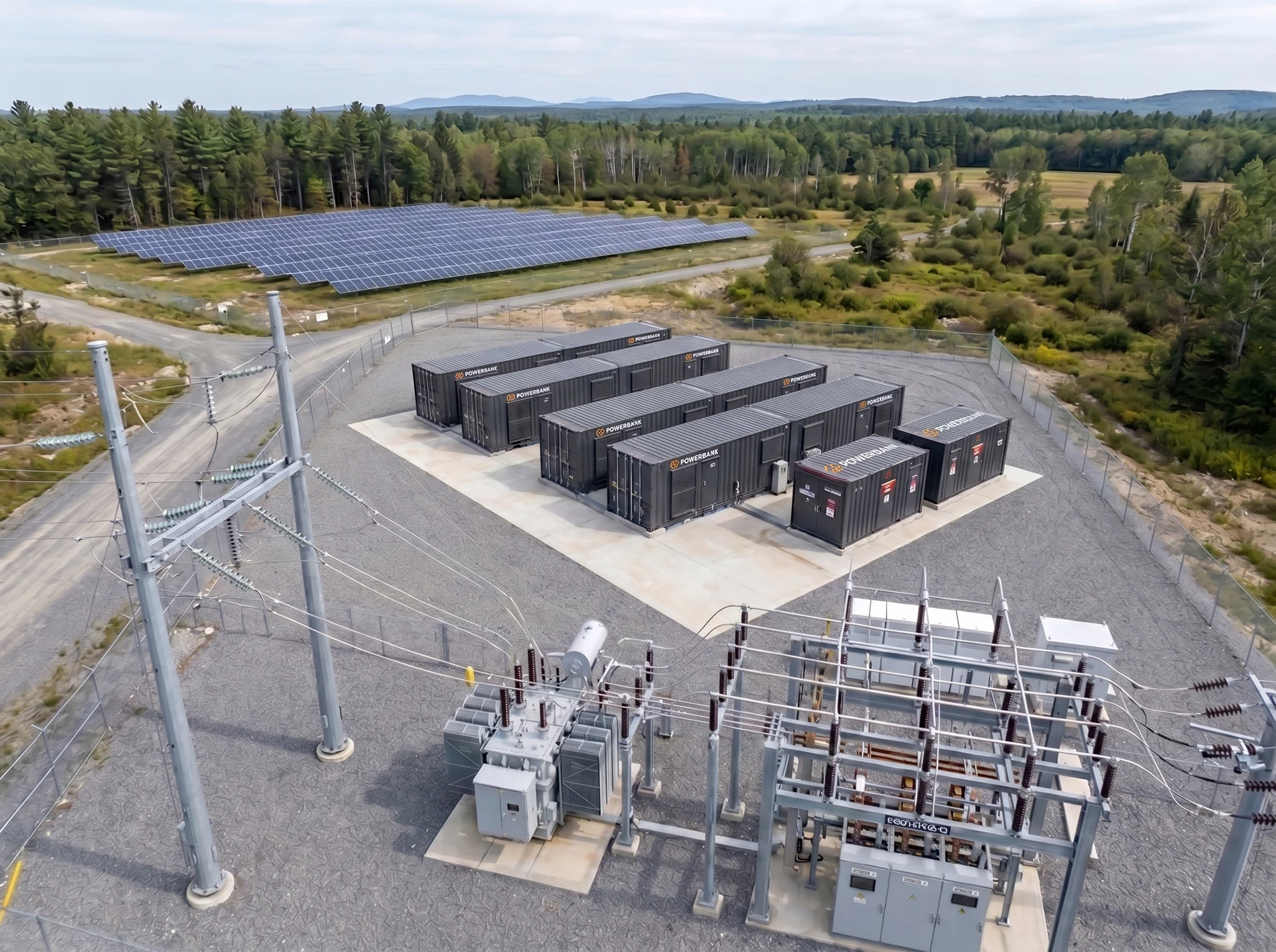 PowerBank BESS containers next to a utility-scale solar field